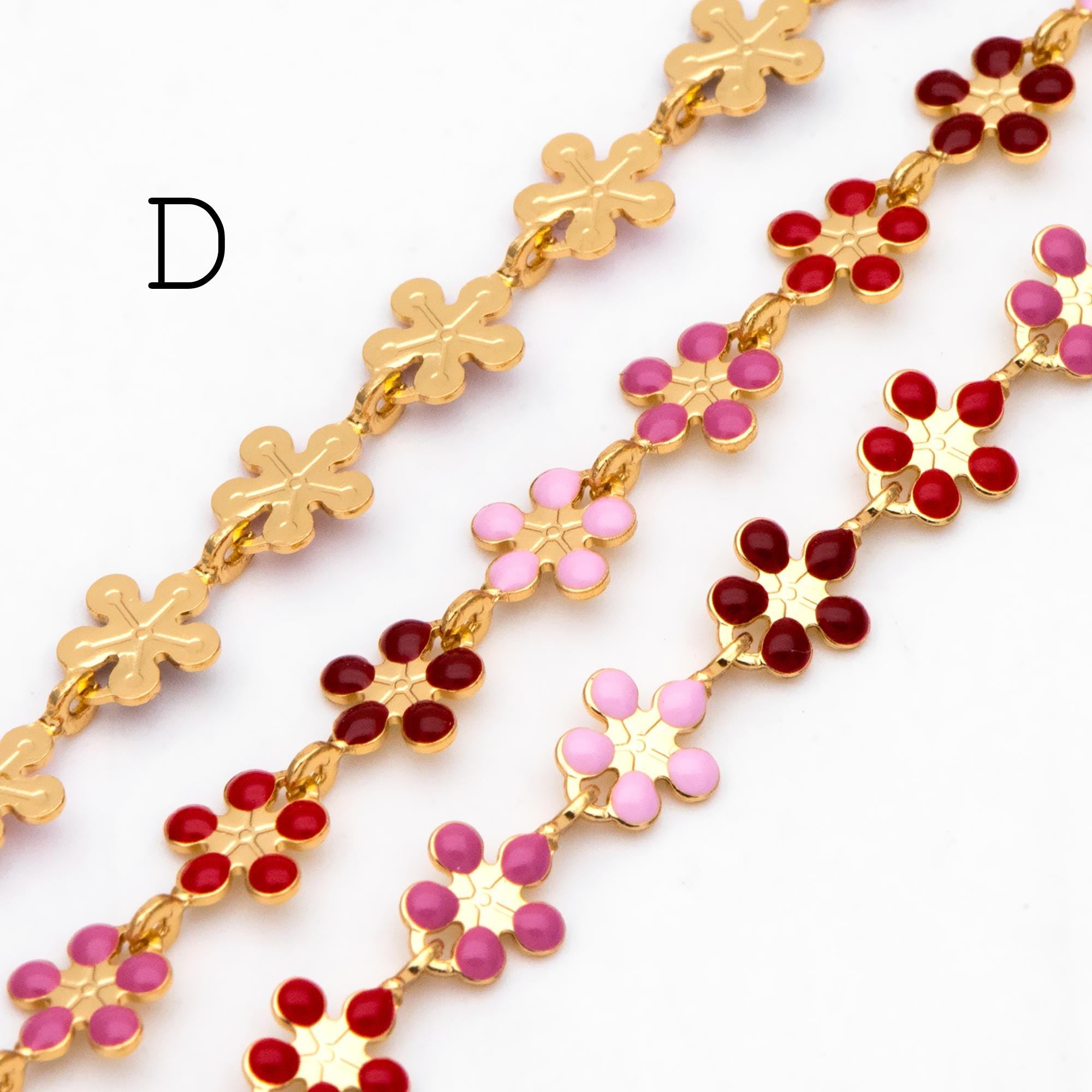 Mix Color Enamel Flower Chain, Gold Plated Brass Designer Chain 6mm, Floral Link Chain Findings (#LK-581)/ 1 Meter=3.3ft